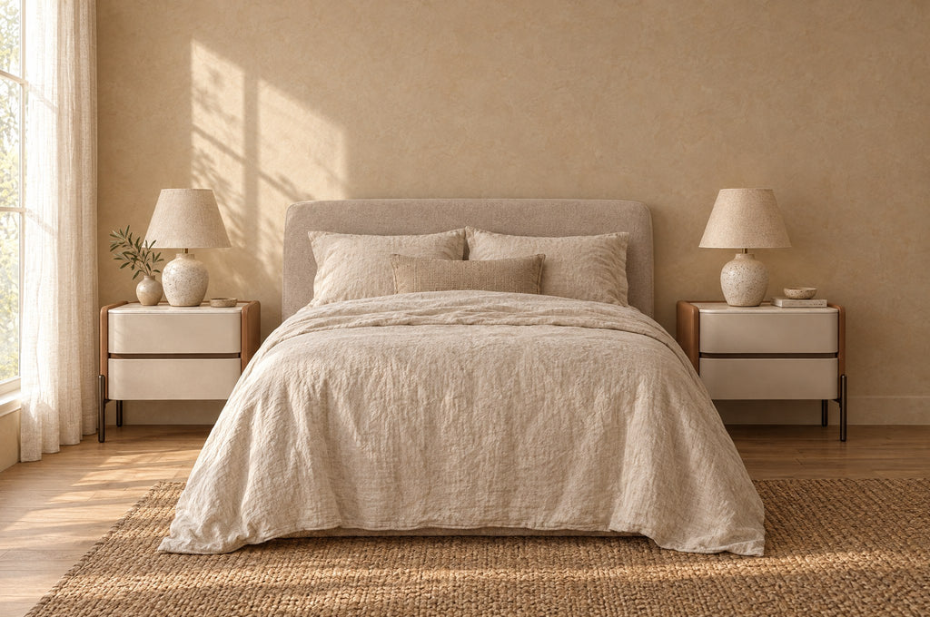 Pair of tan and ivory bedside tables either side of a double bed