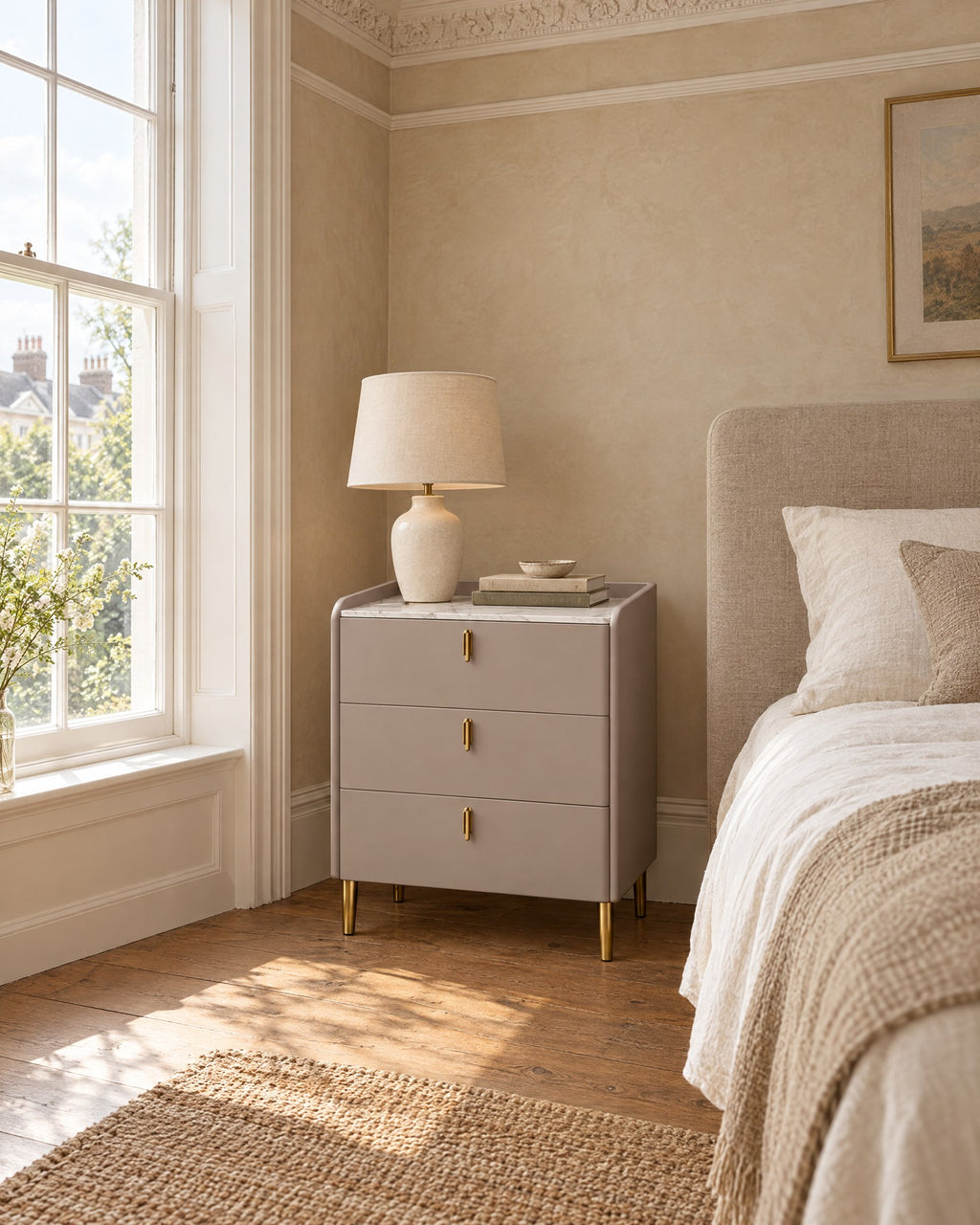 Taupe three-drawer bedside table with a stone top beside a linen bed in a British bedroom