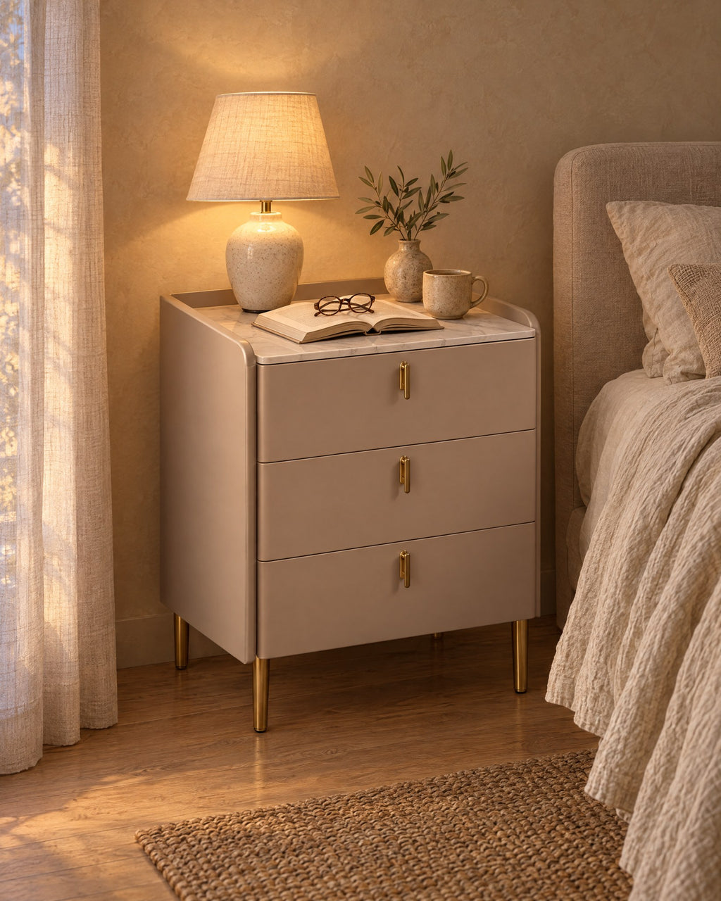 Taupe bedside table with three drawers, a lamp switched on and an open book in the evening