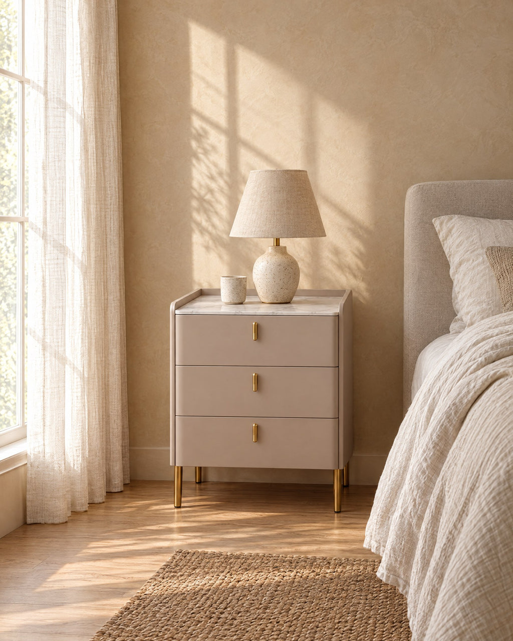 Taupe bedside table with gold handles and a ceramic lamp in morning light