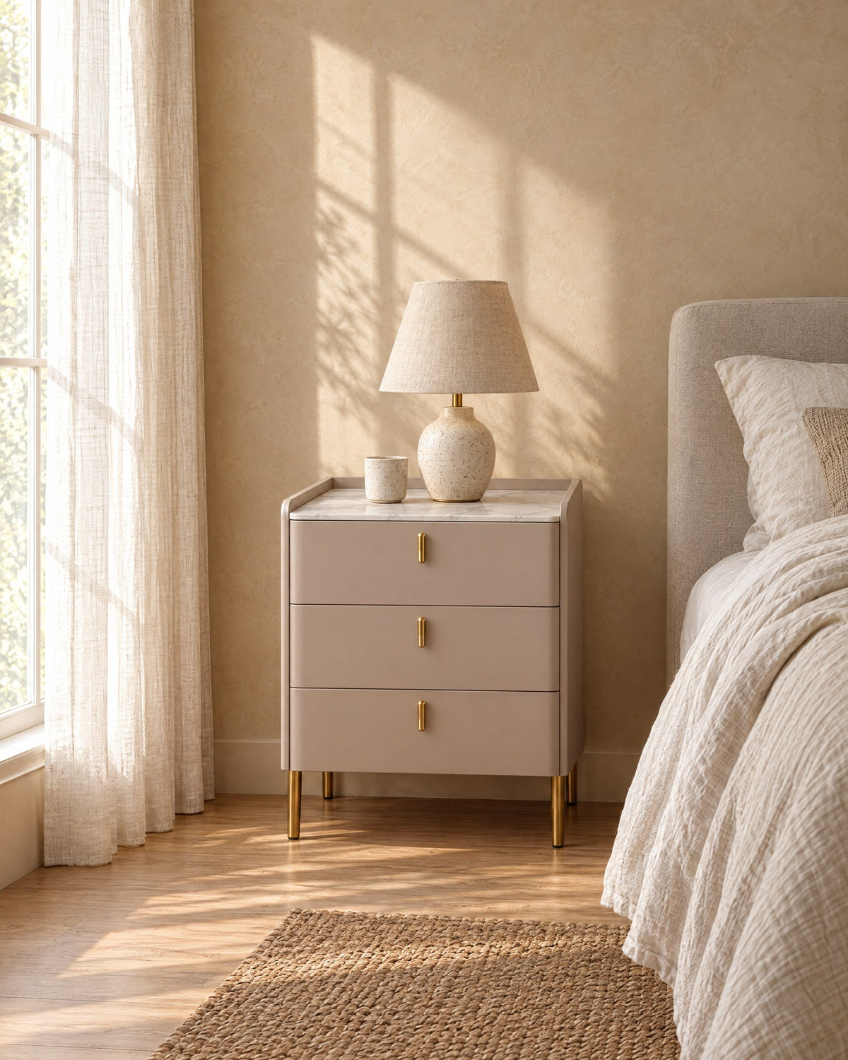 Warm taupe, slim gold legs