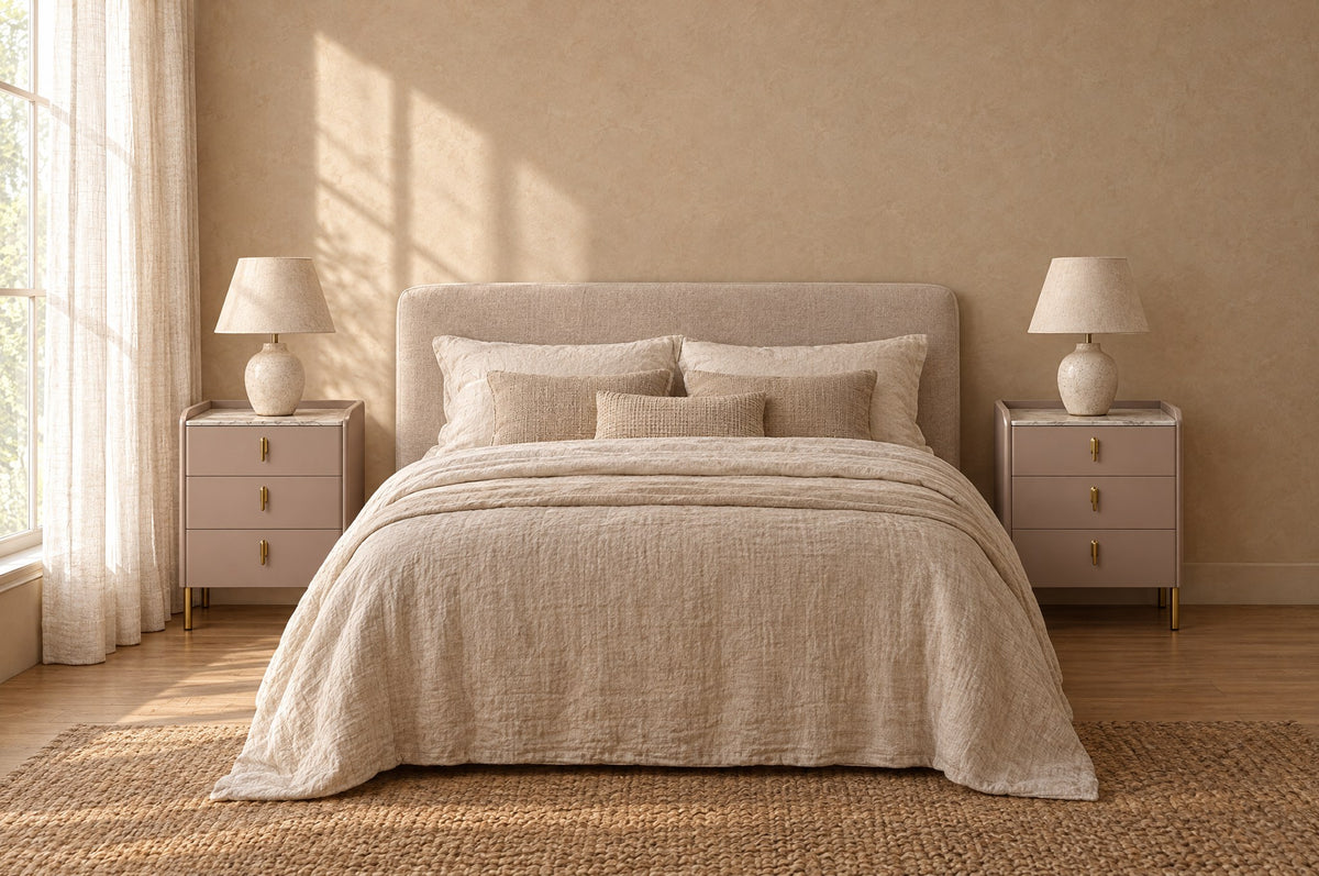 Pair of taupe three-drawer bedside tables on each side of a double bed