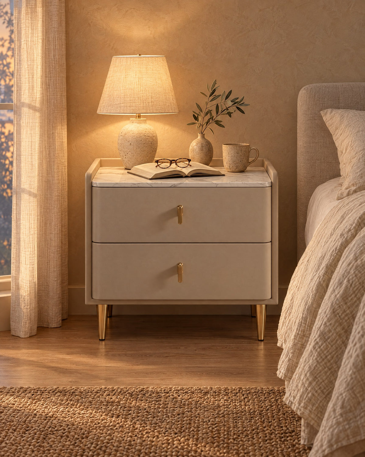 Taupe bedside table with a stone top and a lamp switched on beside an open book in the evening