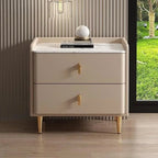 Front view of the taupe bedside table with two drawers and gold legs