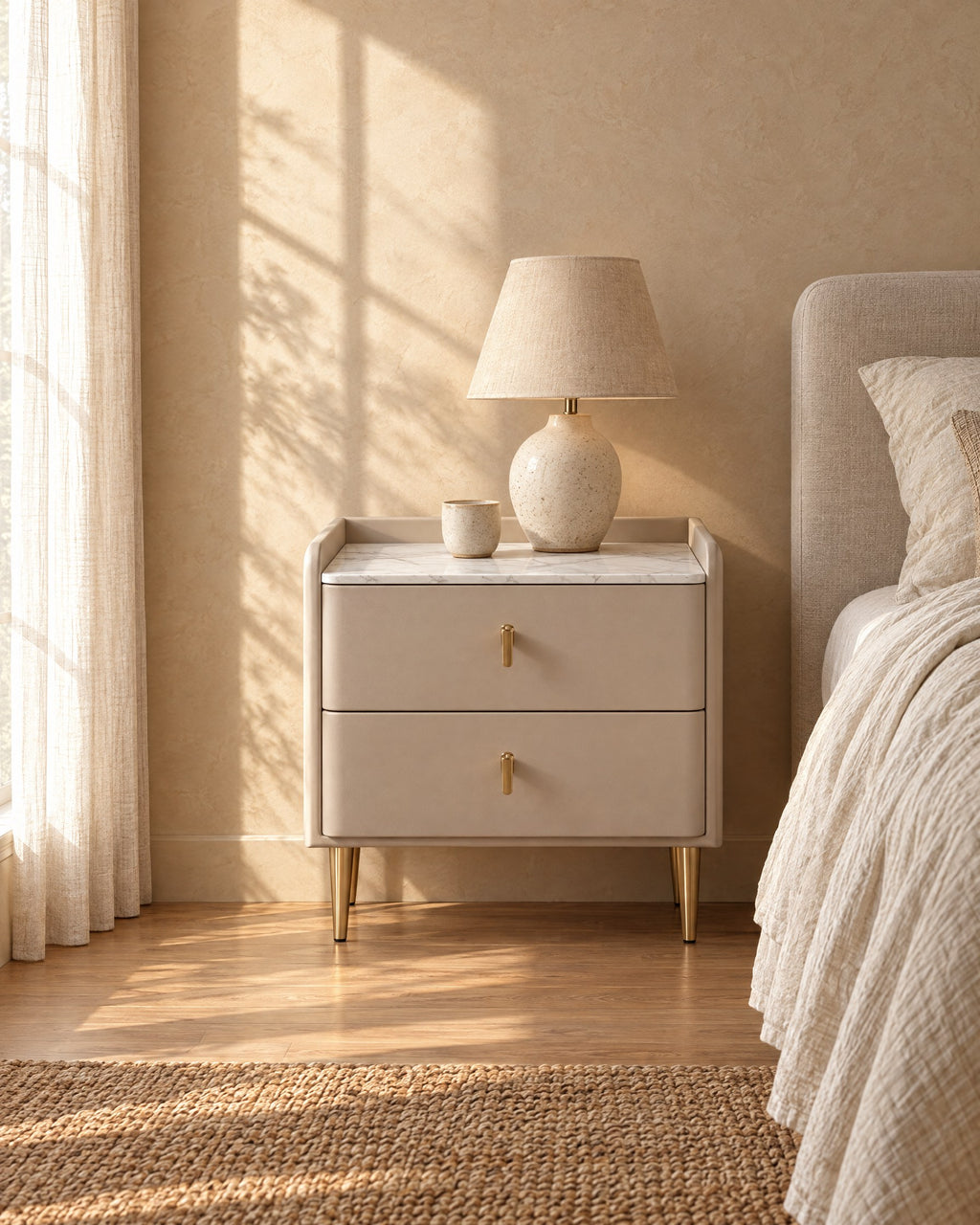 Taupe bedside table with a marble-look stone top and gold pulls in morning light