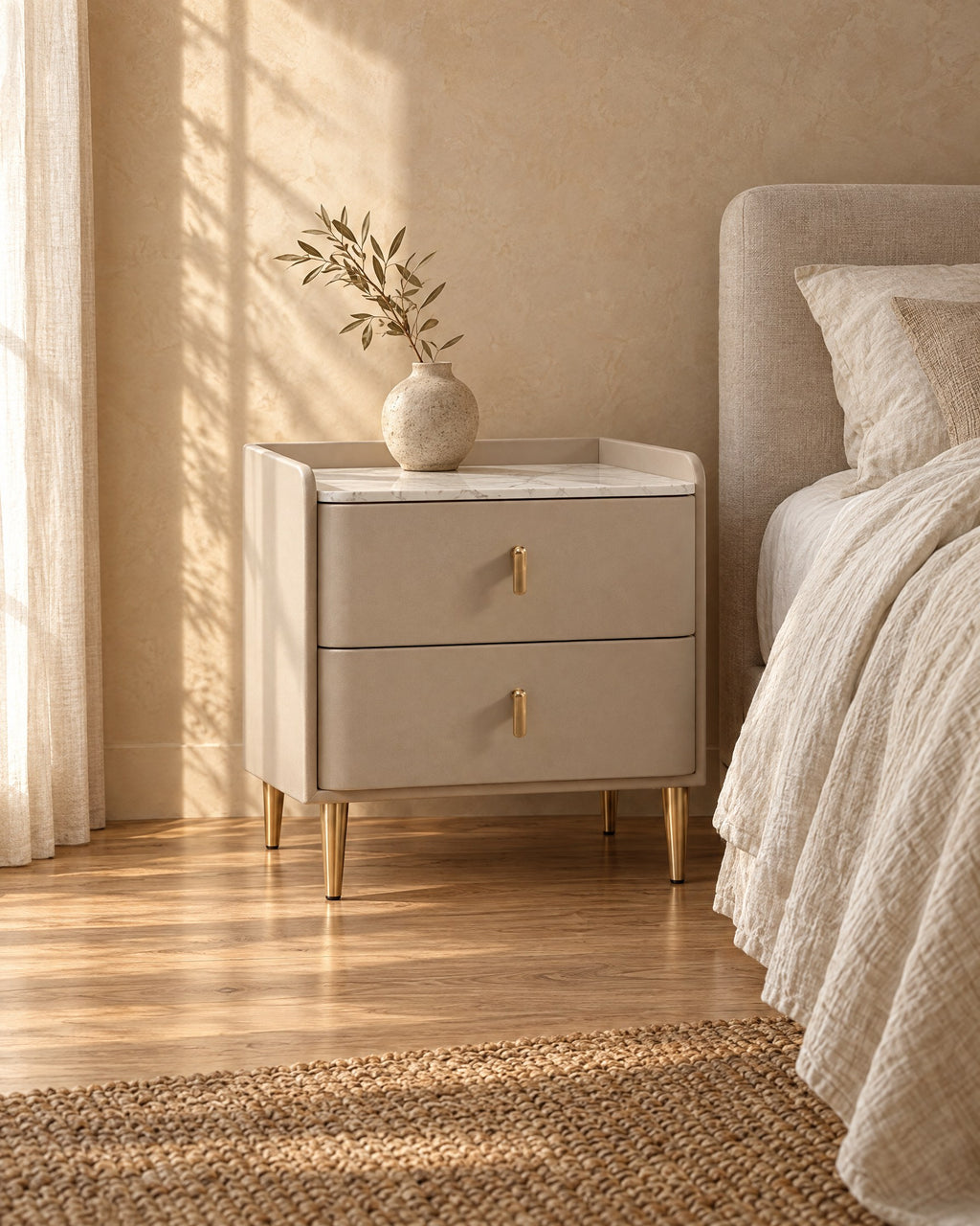 Three-quarter view of the taupe bedside table showing the slim gold legs