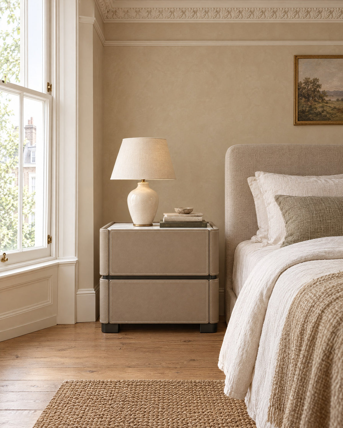 At home by an upholstered bed
