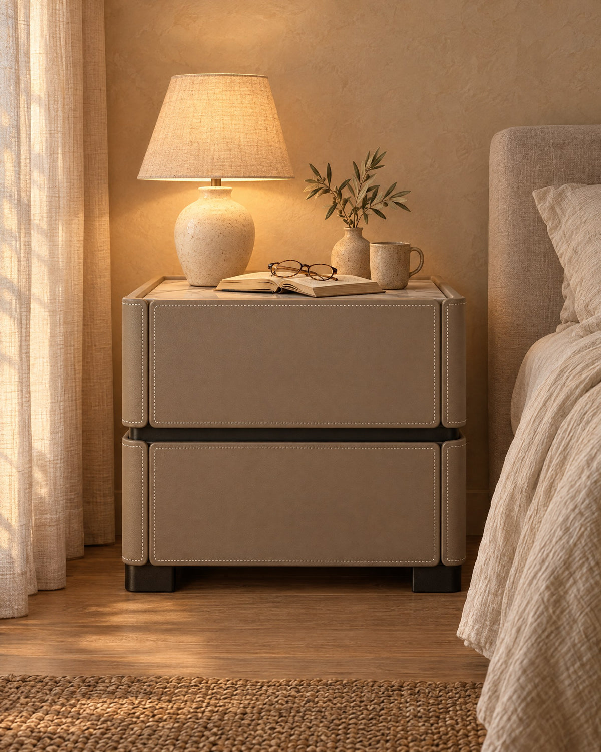 Taupe faux leather bedside table with stitched drawers, a lamp switched on and an open book in the evening