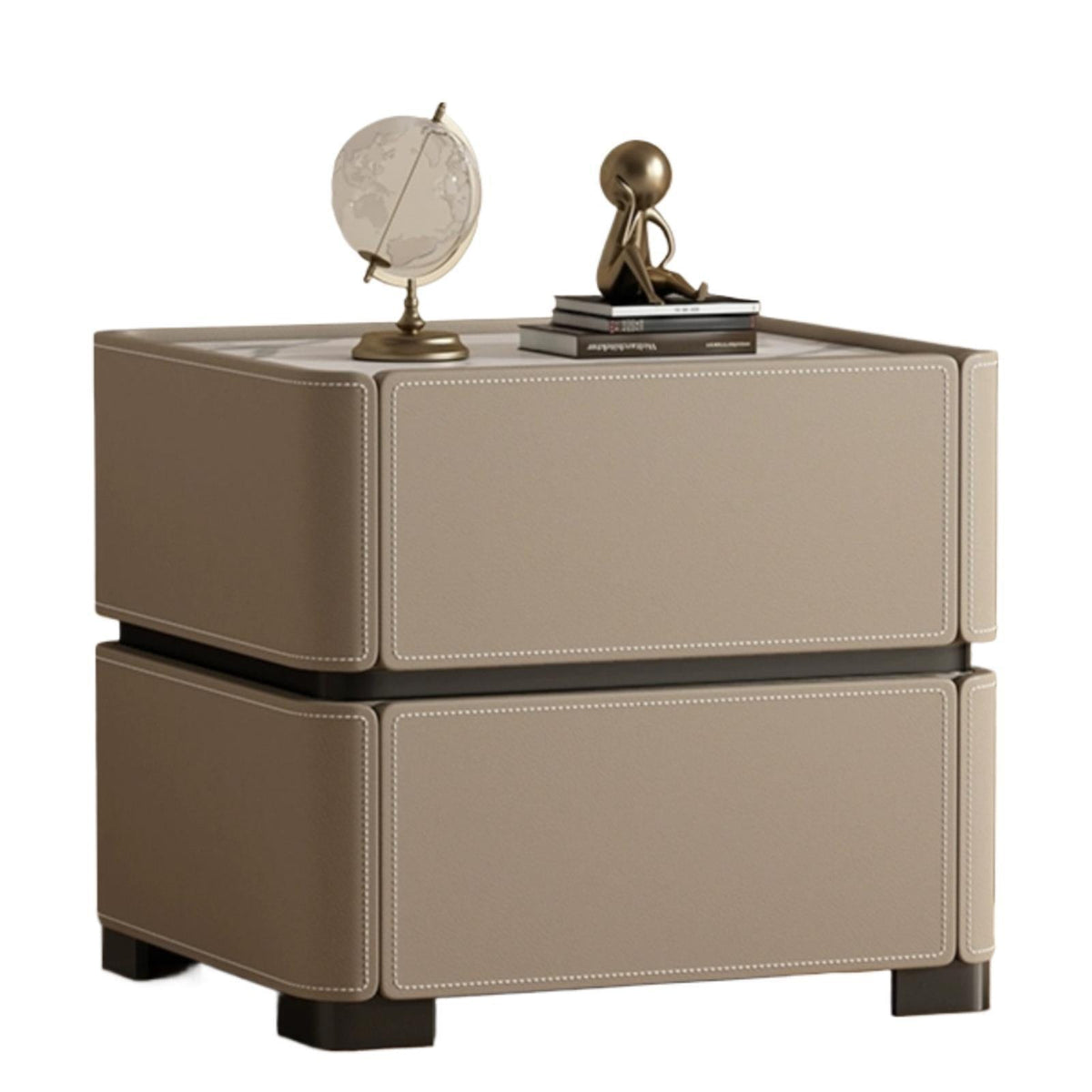 Front view of the taupe faux leather bedside table with two stitched drawers