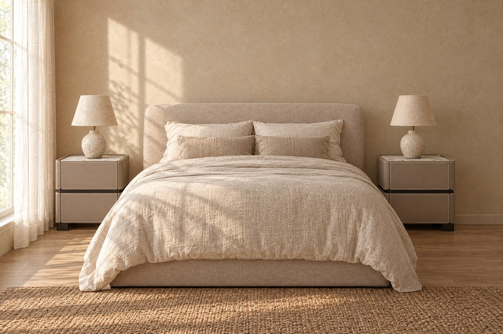 Pair of taupe faux leather bedside tables on each side of a double bed