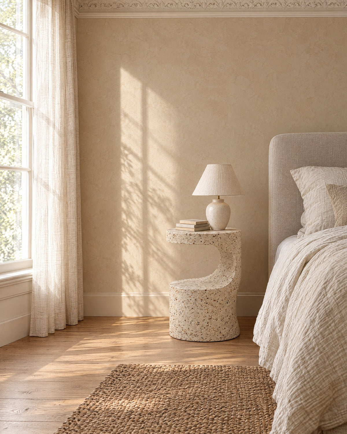 Terrazzo-look round sculpted bedside table beside a linen bed in a British bedroom with a sash window