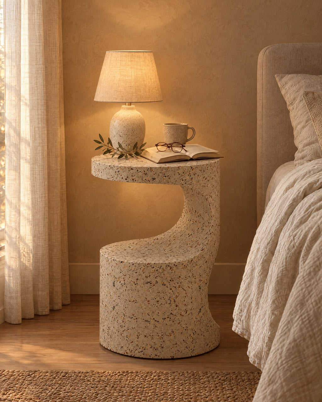 Terrazzo-look round sculpted bedside table with a lamp switched on and an open book in the evening