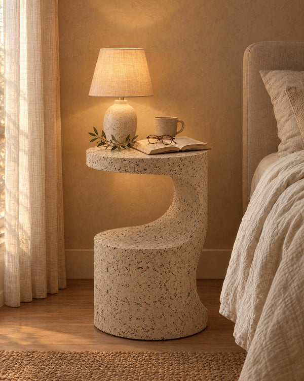 Terrazzo-Look Round Sculpted Bedside Table, 35 cm