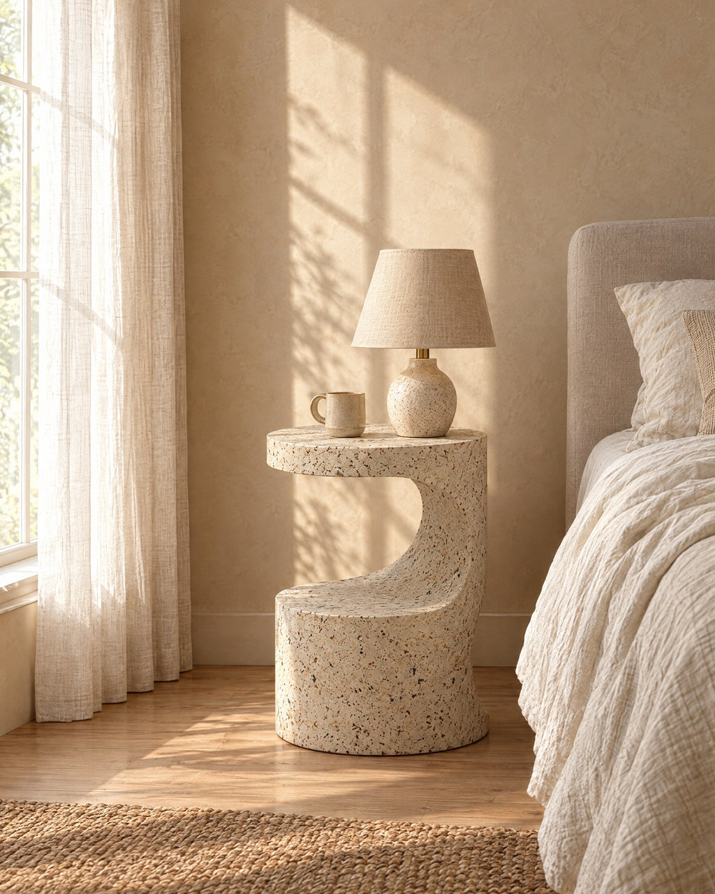Terrazzo-look round sculpted bedside table in warm morning light