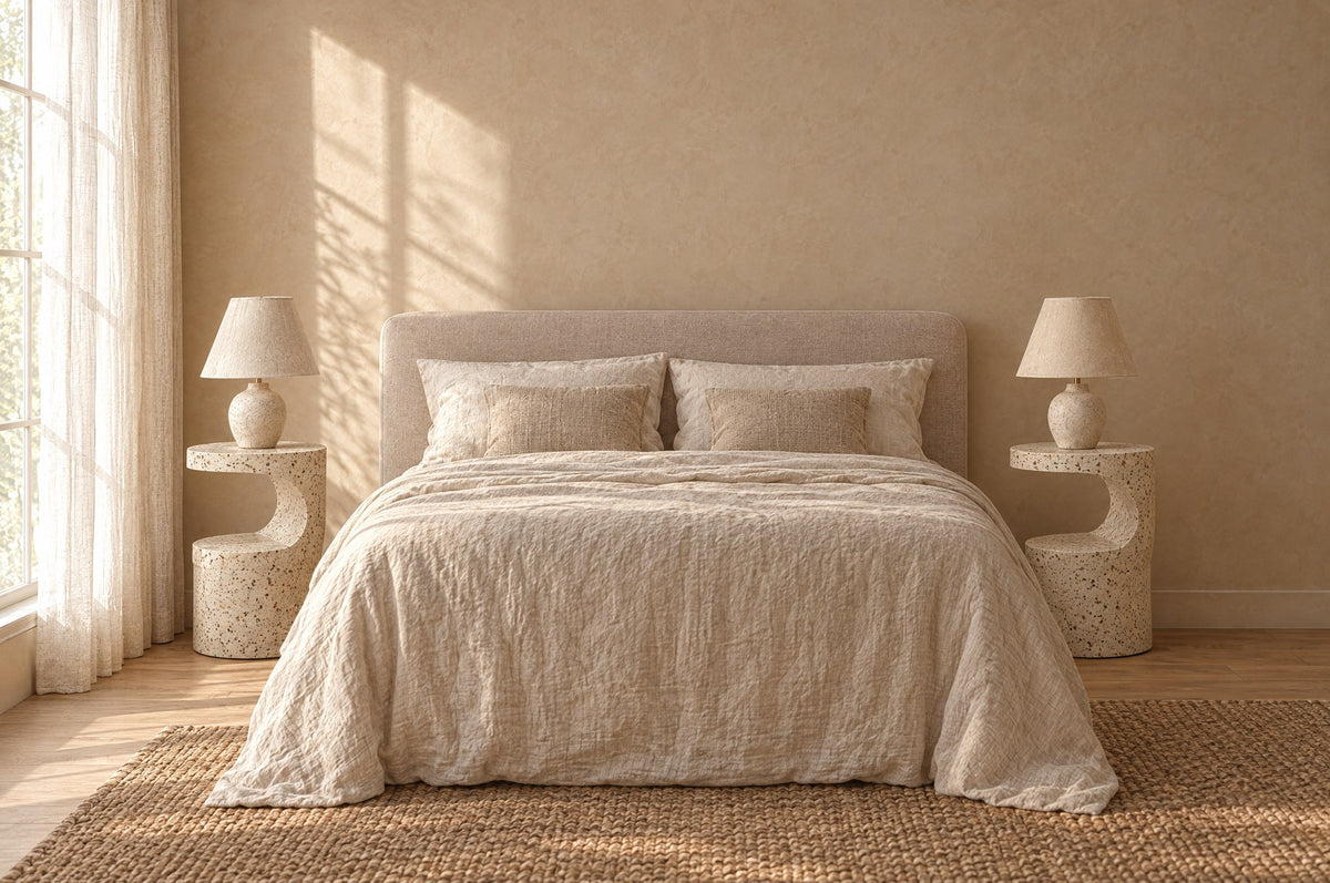 Pair of terrazzo-look round sculpted bedside tables on each side of a double bed