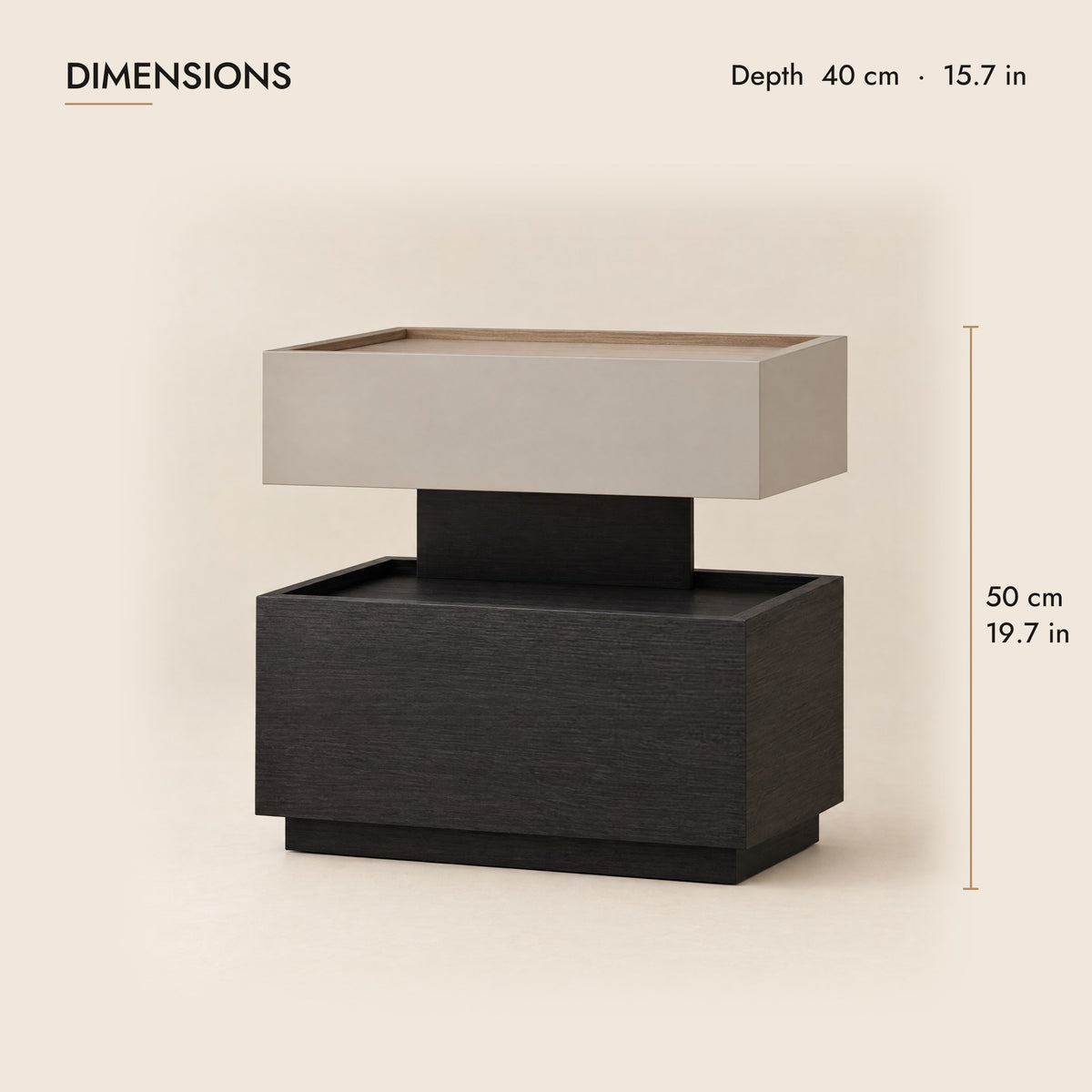 Two-tier bedside table dimensions: 40 cm deep, 50 cm high