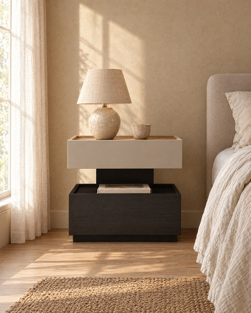 Two-tier greige and black bedside table with a ceramic lamp in morning light