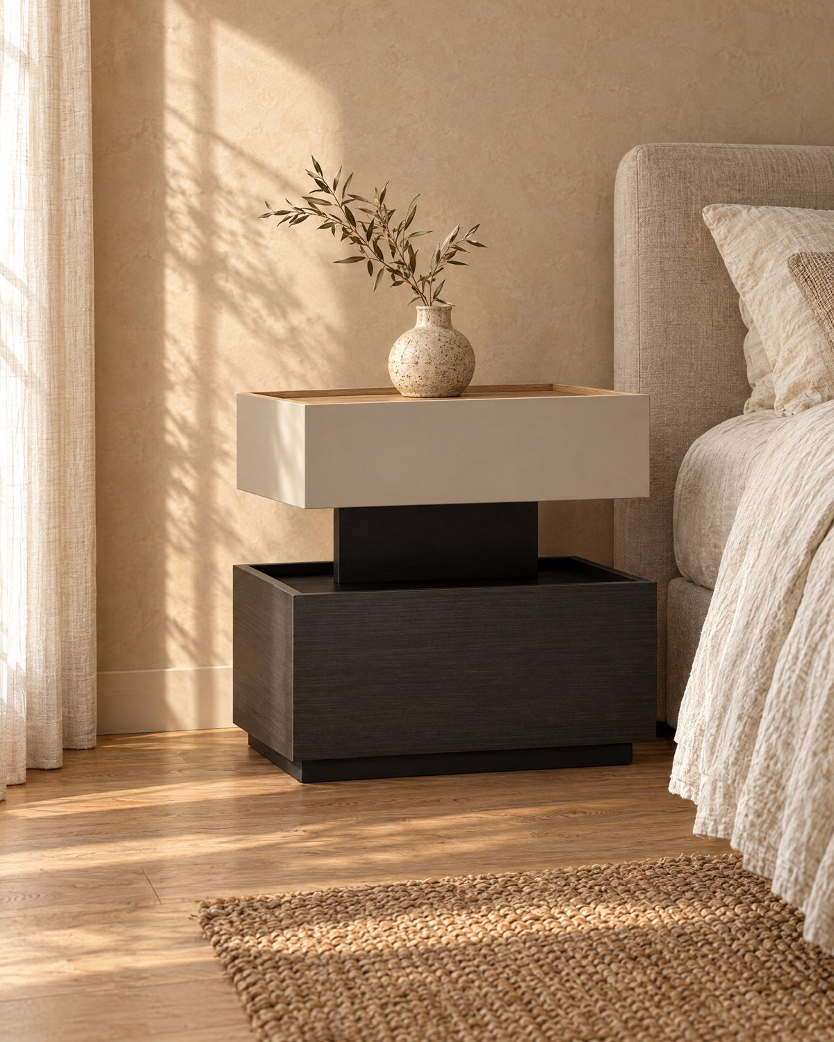 Three-quarter view of the two-tier bedside table showing the recessed black spine