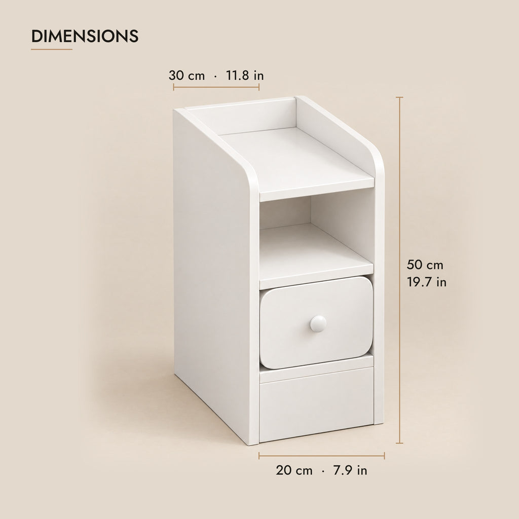 Ultra-narrow white bedside table dimensions: 20 cm wide, 30 cm deep, 50 cm high