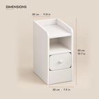 Ultra-narrow white bedside table dimensions: 20 cm wide, 30 cm deep, 50 cm high