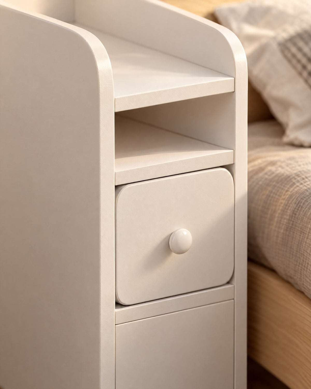 Close-up of the rounded drawer front and its round white knob