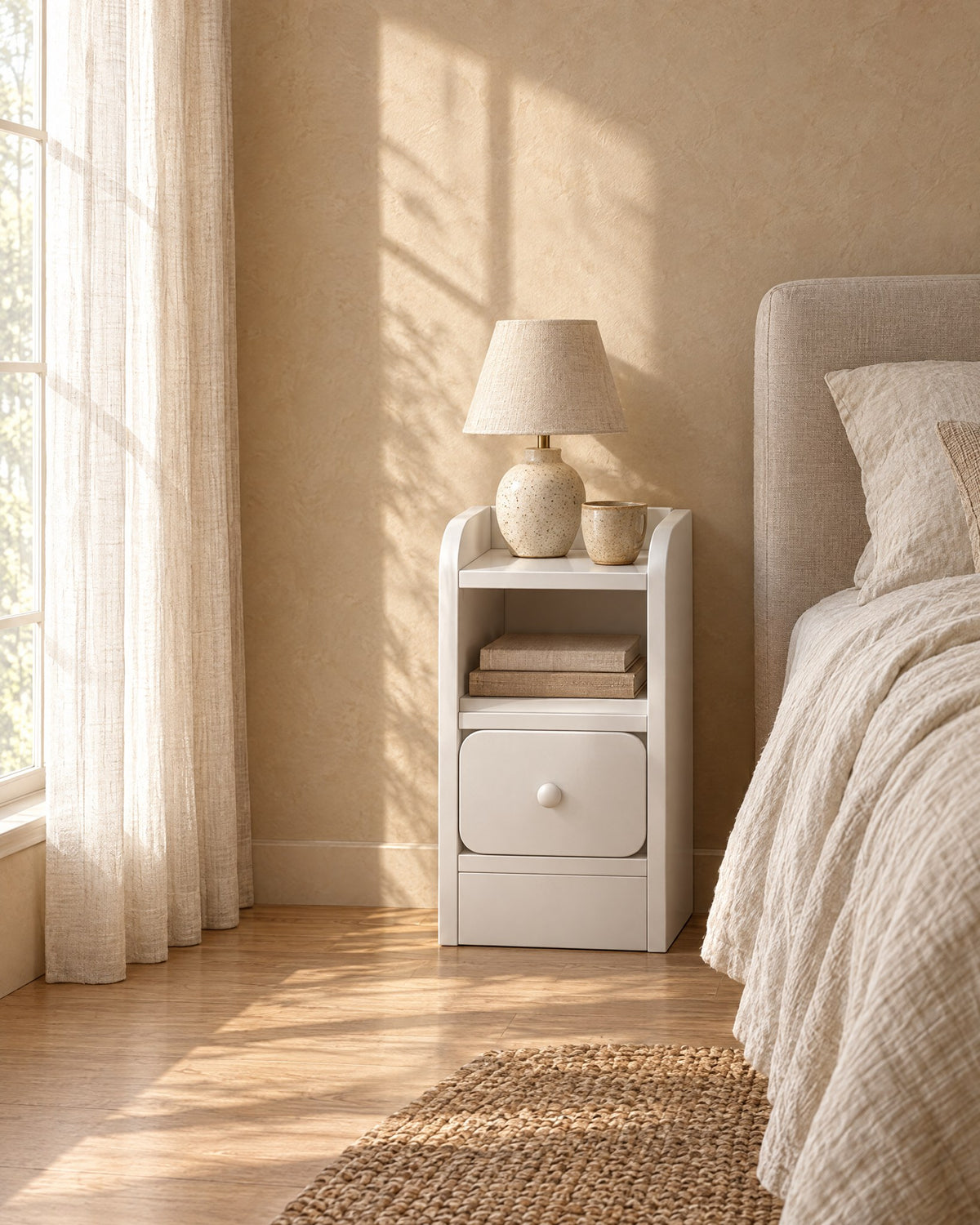 Narrow white bedside table with a ceramic lamp in morning light