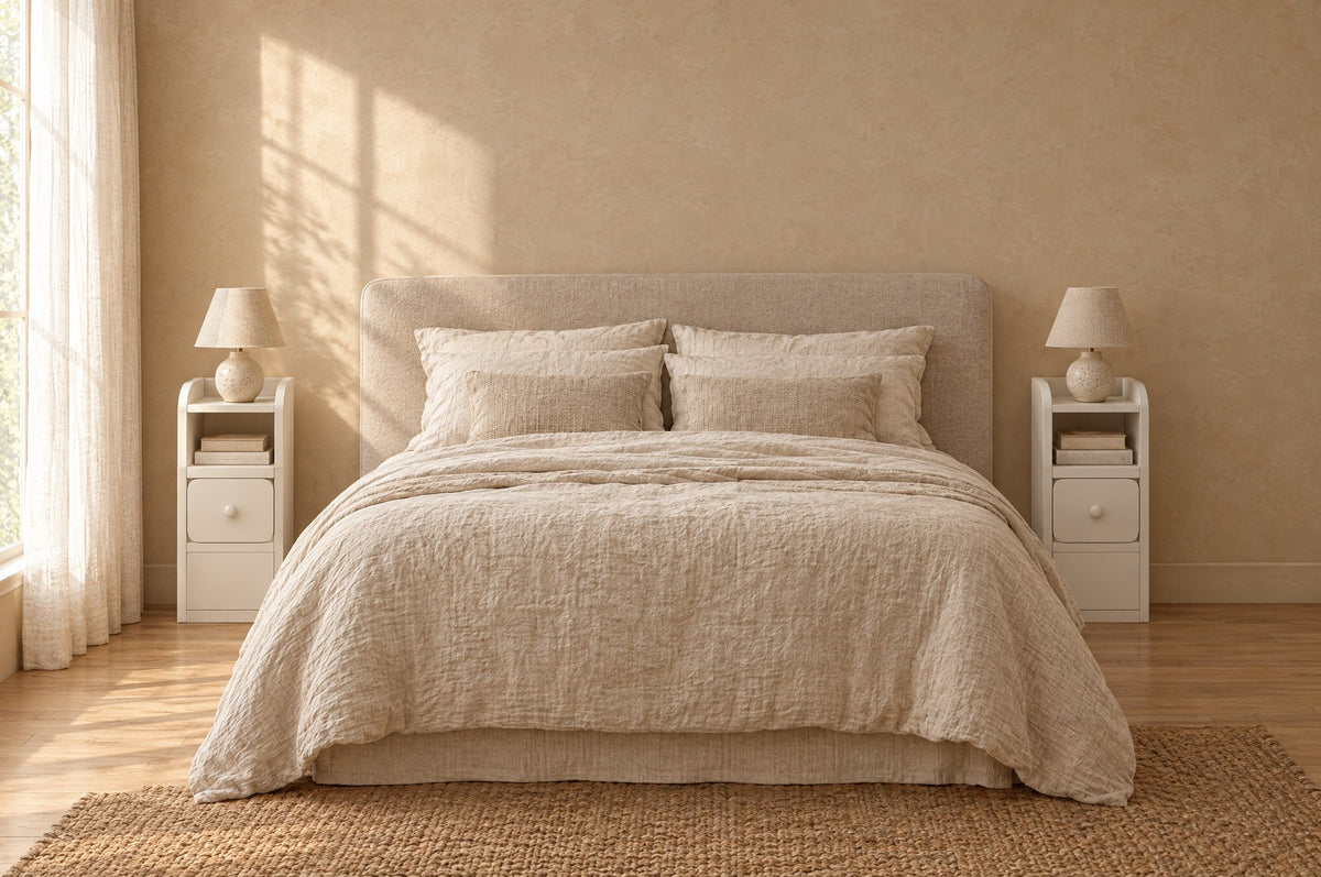 Pair of ultra-narrow white bedside tables on each side of a double bed