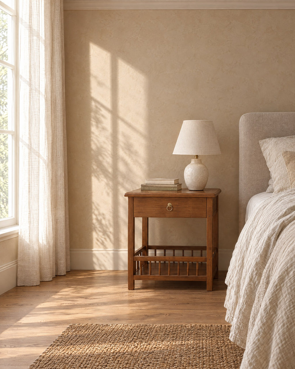 Walnut-tone bamboo bedside table with a drawer and spindle shelf in a British bedroom with a sash window