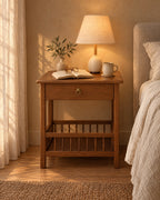 Walnut-tone bamboo bedside table with a lamp switched on and an open book in the evening