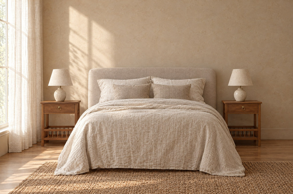 Pair of walnut-tone bamboo bedside tables on each side of a double bed