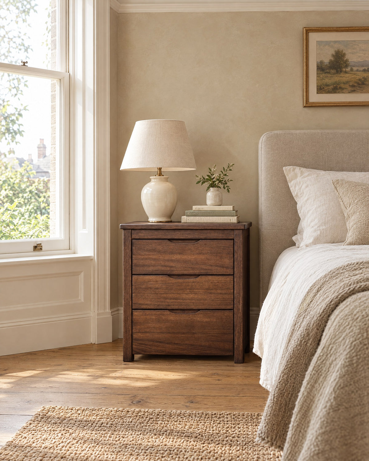 Walnut bedside table with three drawers and carved finger pulls beside a linen bed in a British bedroom with a sash window