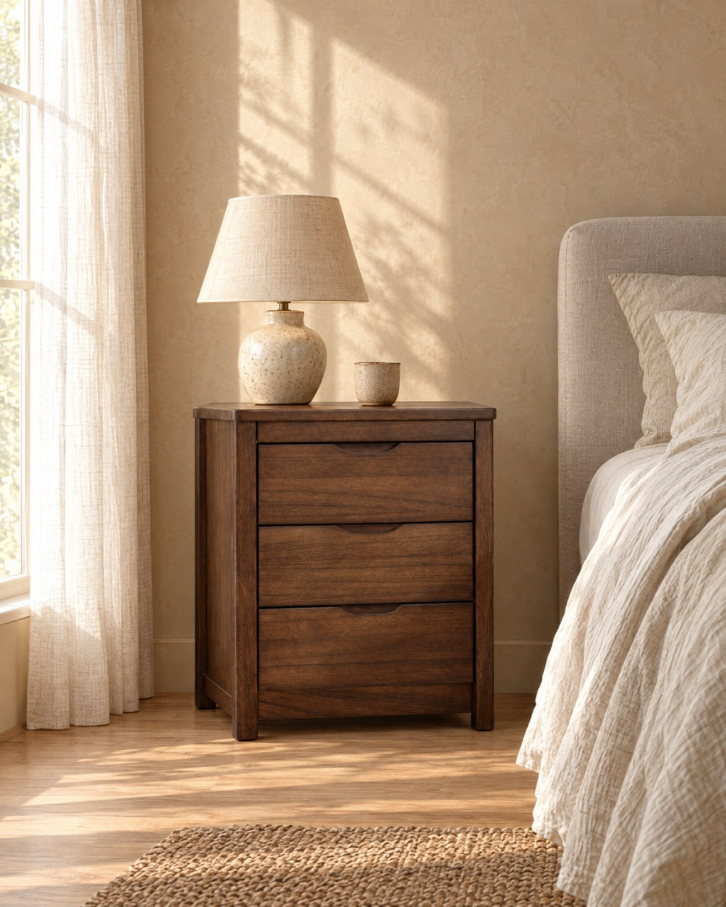 Walnut bedside table with three drawers and carved finger pulls with a ceramic lamp in morning light