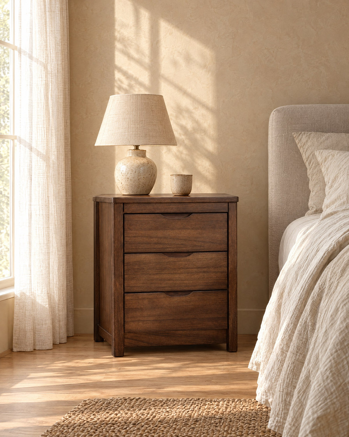 Walnut bedside table with three drawers and carved finger pulls with a ceramic lamp in morning light