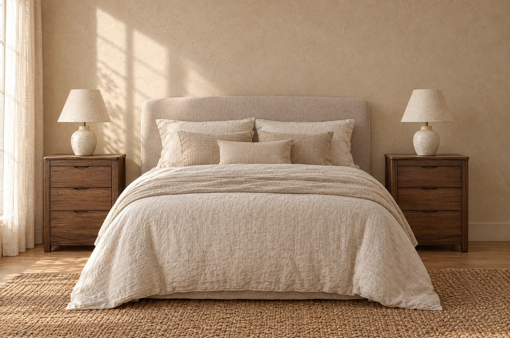 Two walnut bedside tables with three drawers and carved finger pulls on each side of a double bed