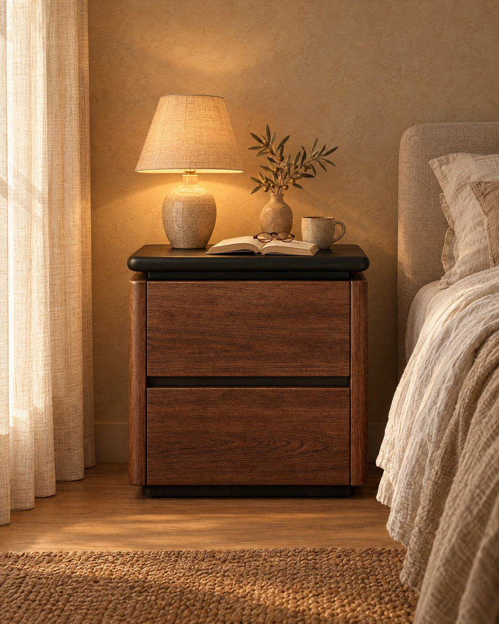 Walnut bedside table with a black top and two drawers, lamp switched on and an open book in the evening