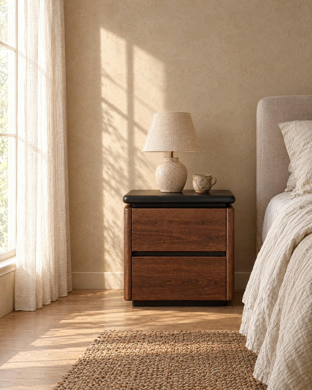Walnut bedside table with handle-free drawers and a ceramic lamp in morning light