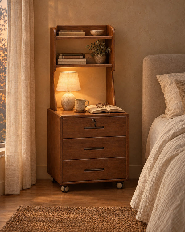 Walnut Bedside Table with Bookshelf, 3 Drawers and Wheels