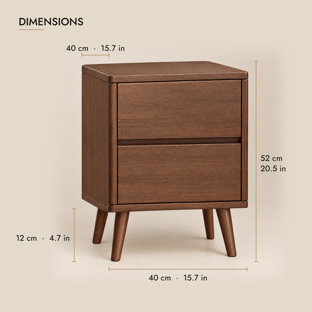 Walnut bedside table dimensions: 40 cm wide, 40 cm deep, 52 cm high, 12 cm under the cabinet
