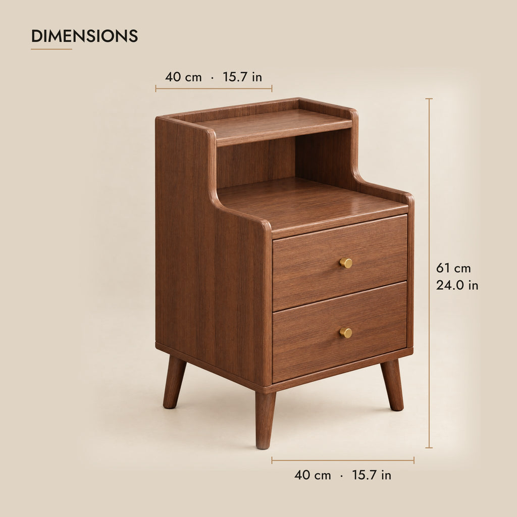 Walnut bedside table dimensions: 40 cm wide, 40 cm deep, 61 cm high