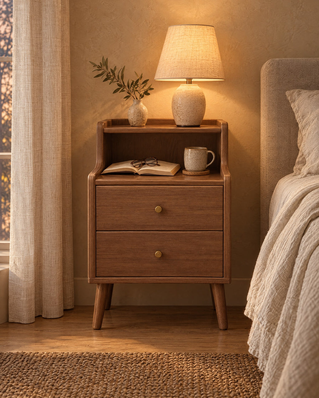 Walnut bedside table with two drawers and an open shelf, lamp switched on in the evening