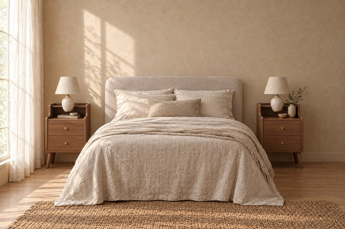 Pair of walnut bedside tables with open shelves on each side of a double bed