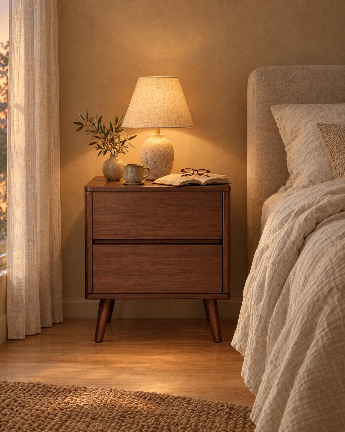 Walnut bedside table with a lamp switched on and an open book in the evening