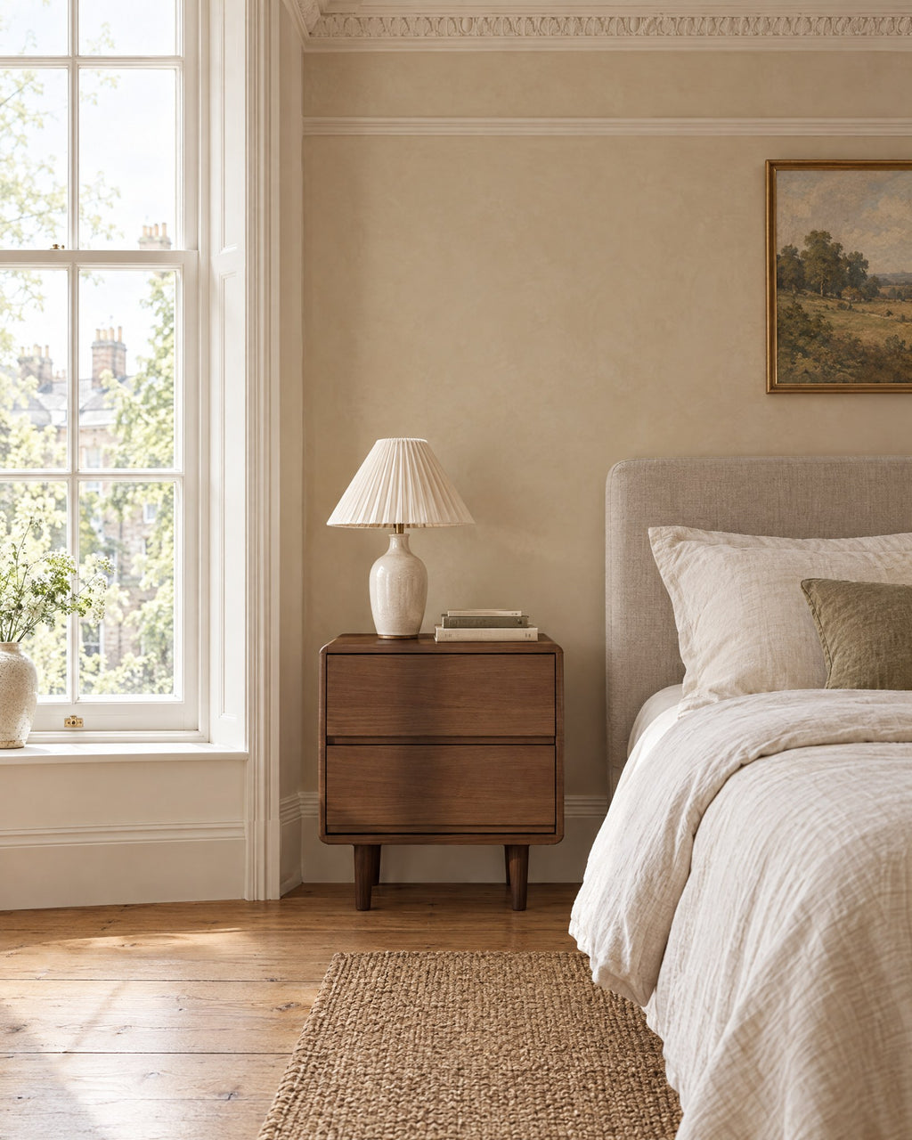Walnut bedside table beside a linen bed in a British bedroom with a sash window