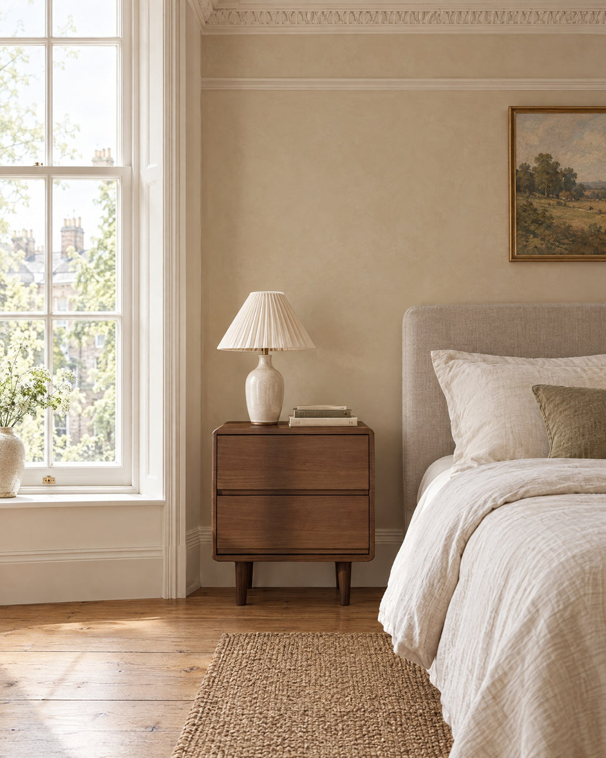 Walnut bedside table beside a linen bed in a British bedroom with a sash window