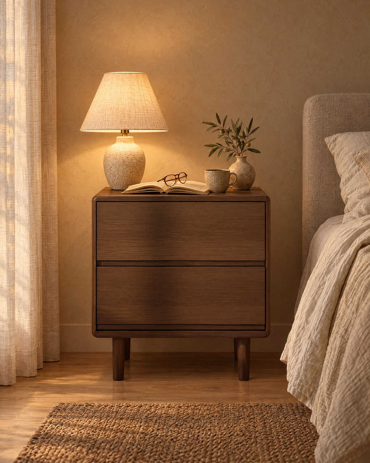 Walnut bedside table with flush drawers and a lamp switched on in the evening