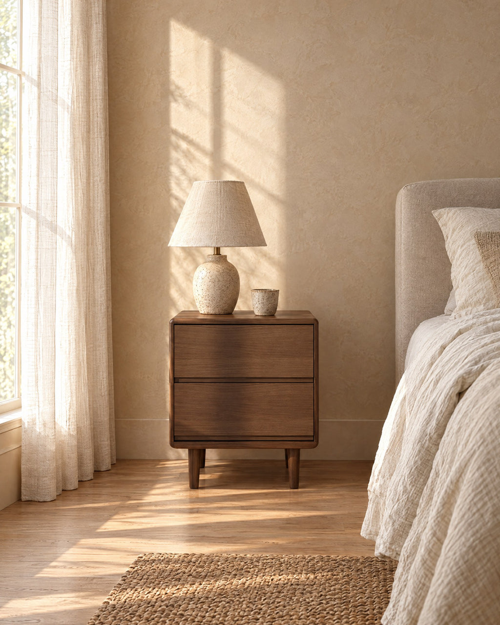 Walnut bedside table with rounded corners in morning light
