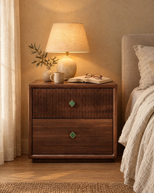 Walnut Bedside Table with Fluted Drawer and Clover Knobs