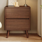 Front view of the walnut bedside table with two drawers