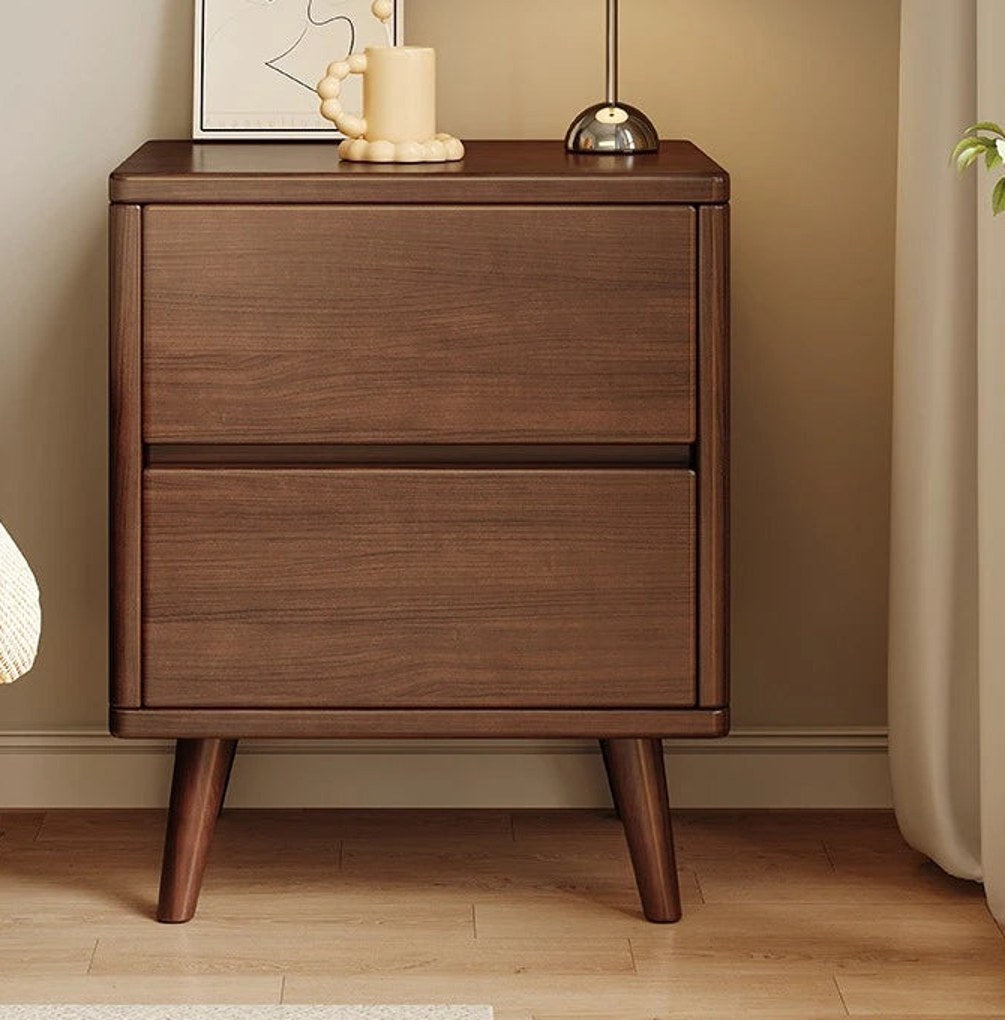 Front view of the walnut bedside table with two drawers