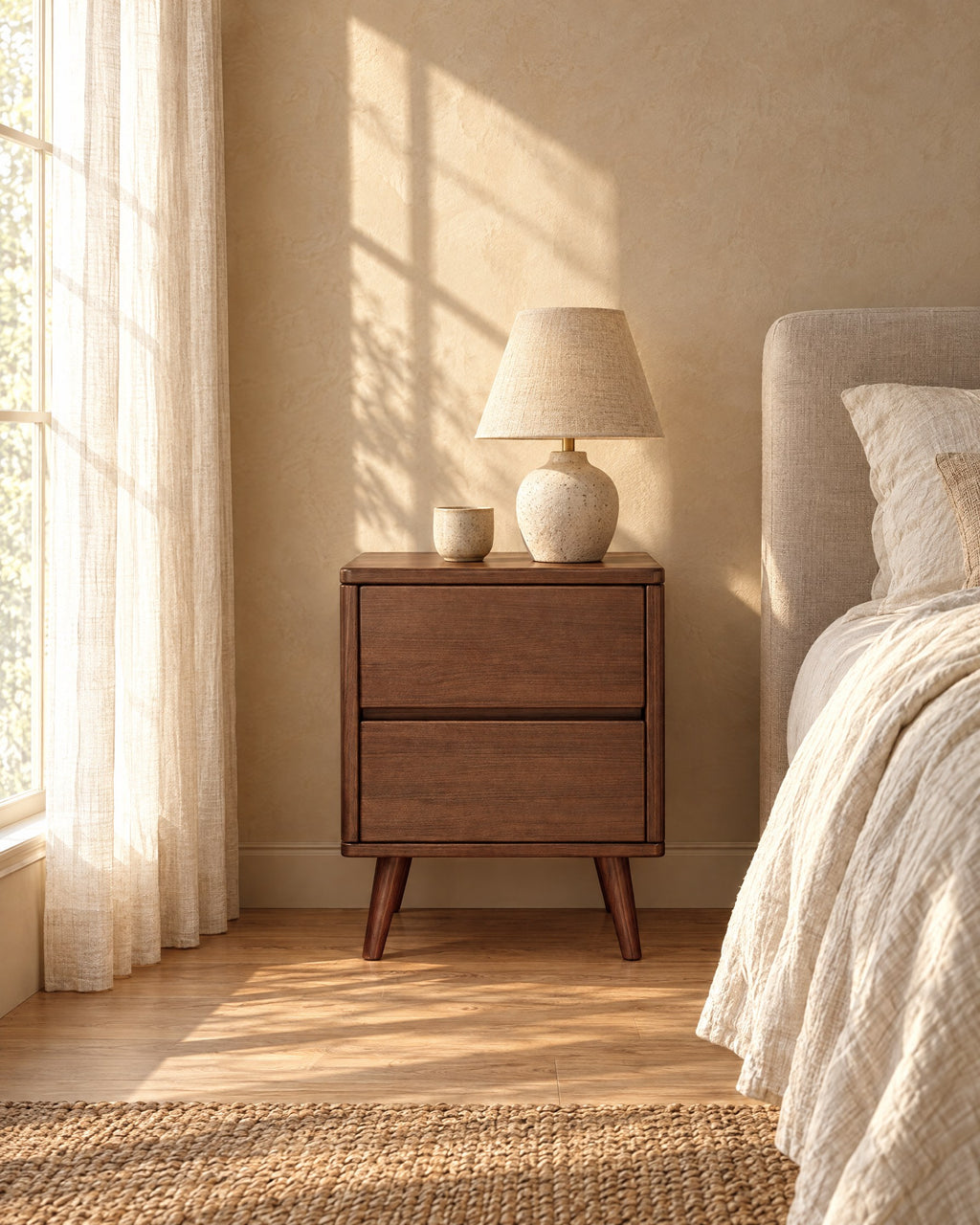 Walnut bedside table with a ceramic lamp in morning light